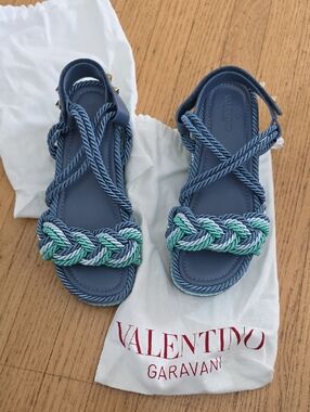 Valentino Sandals Blue Braided Rope with Aqua Accents